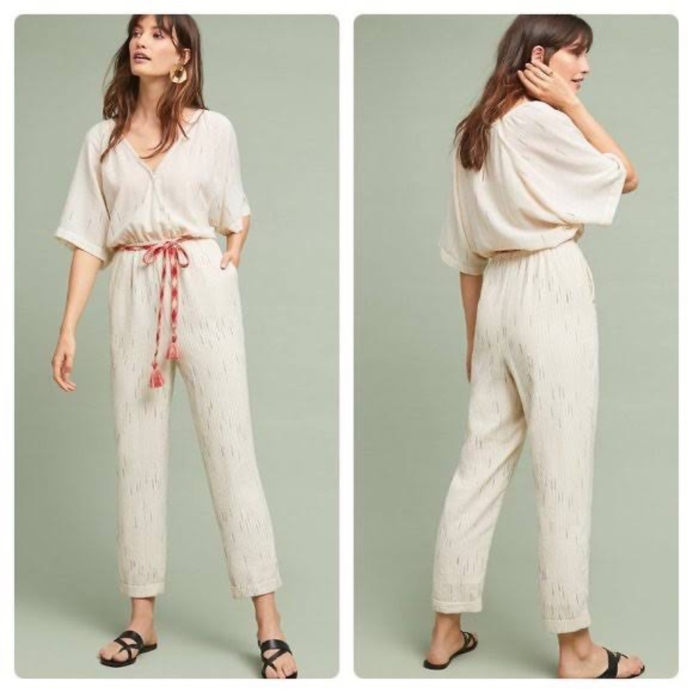 Anthropologie Feather Bone Cream Metallic Stripe Wrap Jumpsuit XS